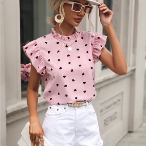 NWOT Pink Heart Print Ruffle Sleeve Blouse